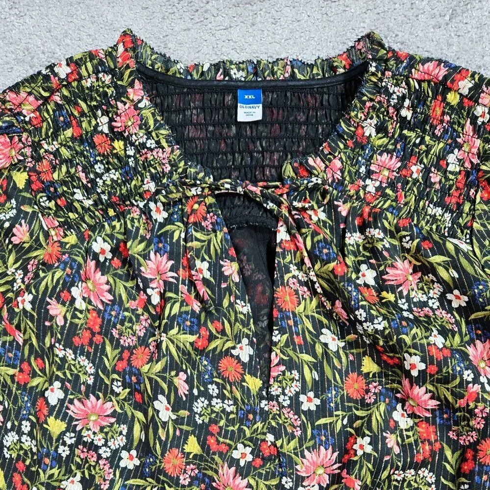 Old Navy Smocked Dark Floral Shine Blouse Chiffon Shimmering Ditsy Romantic